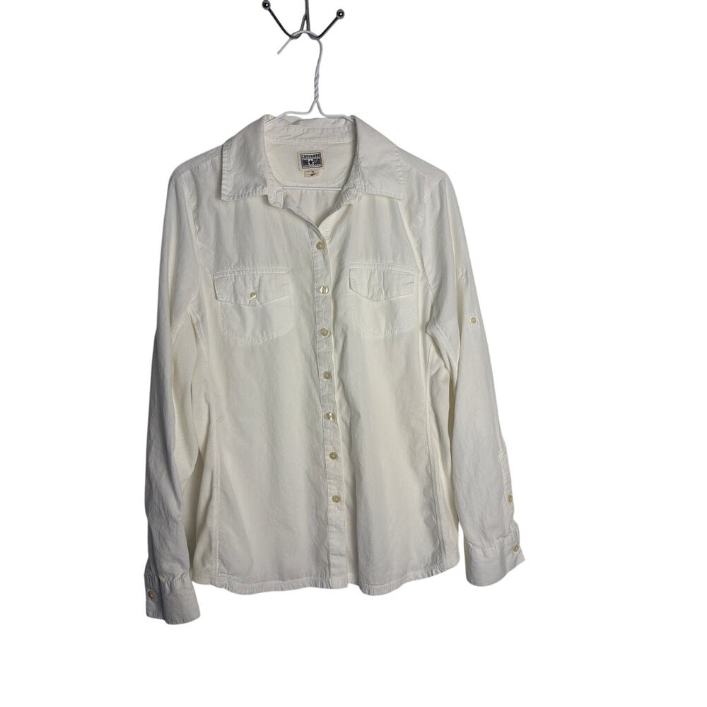 Converse One Star Women Size XL White Corduroy Button Down Shirt Long Sleeve